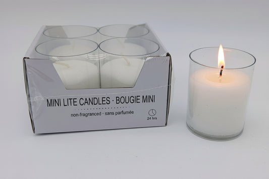 Box of Mini Lite Candles with one candle lit on a white background
