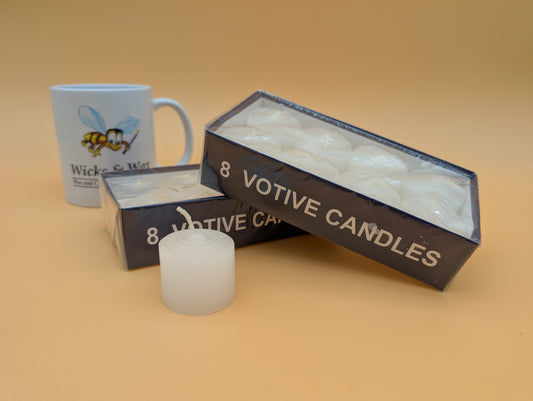 8 Votive Candles - Unscented White Ring Top 8Hr Burn Time