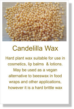 Candelilla Wax Hard plant wax suitable for use in cosmetics, lip balms  & lotions. May be used as a vegan alternative to beeswax in food wraps and other applications, however it is a hard brittle wax